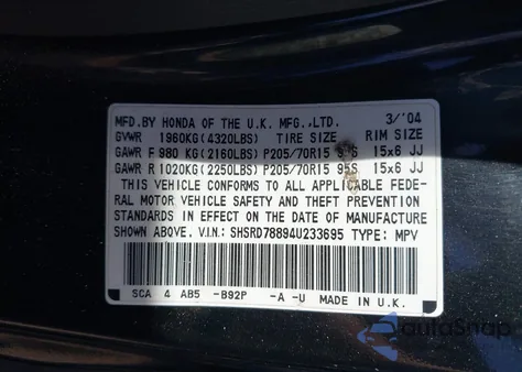 2004 Honda Cr-V Ex z USA, uszkodzony, nr VIN SHSRD78894U233695